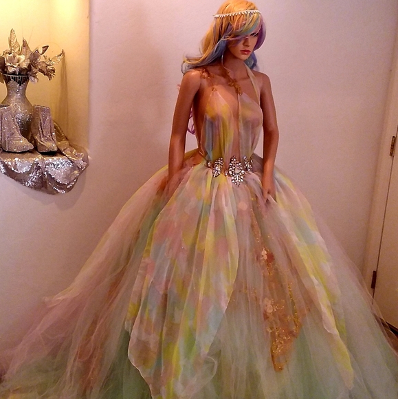 LAUREL Watercolor Chiffon/Gold Wedding Ballgown